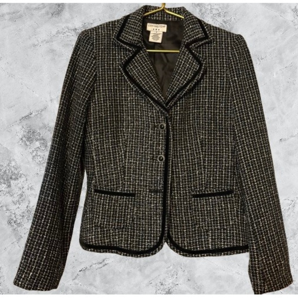 Covington Womens Black White Tweed Blazer Velvet Trim Jacket Size 6 Professional